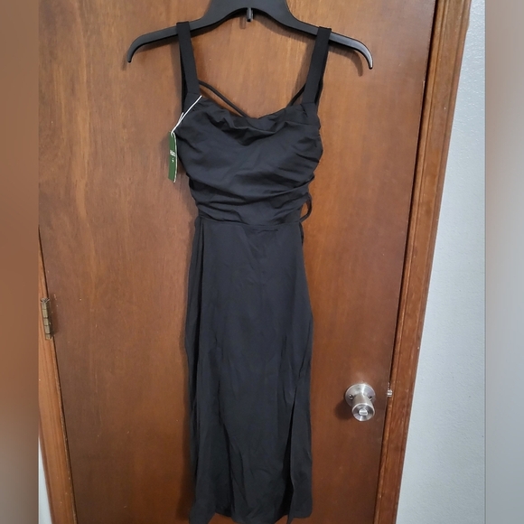 Ruched Backless Crisscross Lace Up Split Bodycon Midi Casual Dress - Picture 4 of 6